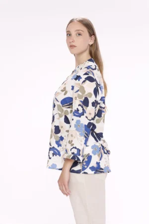 BLUSA fantasia di fiori con colletto alla coreana aperto a V e manica a tre quarti