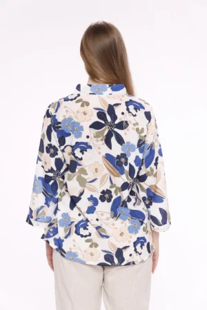 BLUSA fantasia di fiori con colletto alla coreana aperto a V e manica a tre quarti
