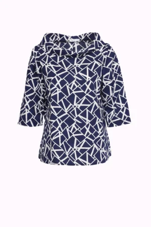 BLUSA fantasia geometrica con scollo a barca risvoltato e manica a tre quarti