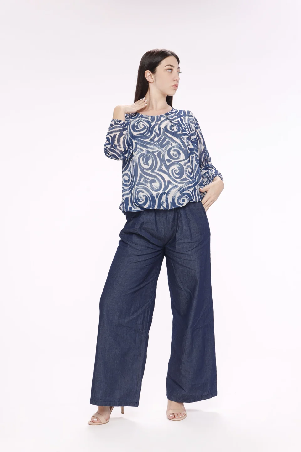 BLUSA a girocollo con manica lunga a sbuffo e graziose pieghe sul davanti ONEWORLD HYBRID