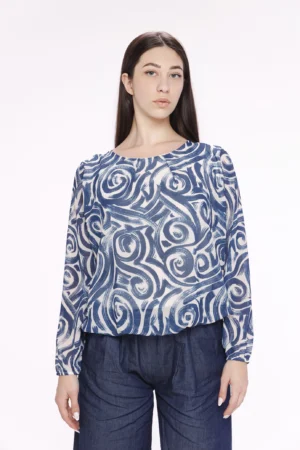 BLUSA a girocollo con manica lunga a sbuffo e graziose pieghe sul davanti