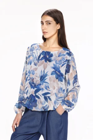 BLUSA fantasia di fiori con scollo a giro ed elegante piega sul davanti
