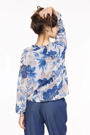 BLUSA fantasia di fiori con scollo a giro ed elegante piega sul davanti