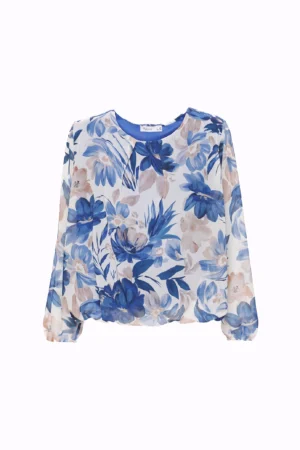 BLUSA fantasia di fiori con scollo a giro ed elegante piega sul davanti