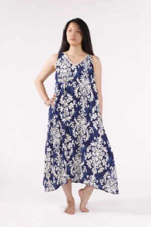 ABITO a fantasia paisley lungo e smanicato con elegante ricamo sullo scollo a V