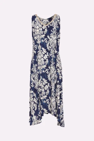 ABITO a fantasia paisley lungo e smanicato con elegante ricamo sullo scollo a V