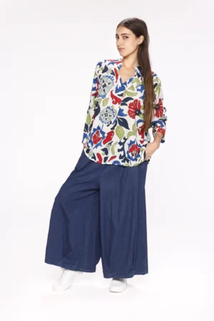 BLUSA a fantasia di foglie e fiorI con colletto alla coreana aperto sul davanti e manica a tre quarti ONEWORLD HYBRID