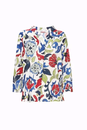 BLUSA a fantasia di foglie e fiorI con colletto alla coreana aperto sul davanti e manica a tre quarti