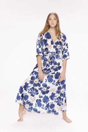 ABITO fantasia di fiori blu con ampio scollo a V ed elegante nastrino in vita ONEWORLD HYBRID
