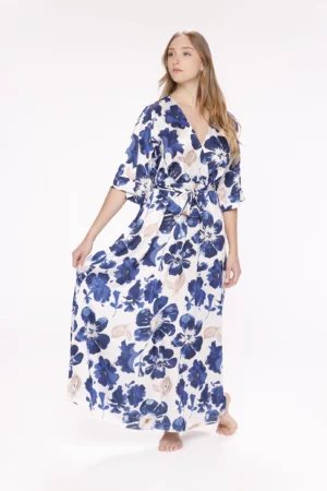 ABITO fantasia di fiori blu con ampio scollo a V ed elegante nastrino in vita