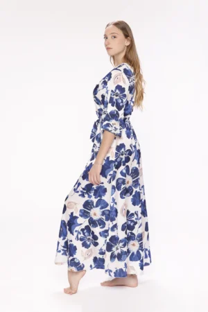 ABITO fantasia di fiori blu con ampio scollo a V ed elegante nastrino in vita