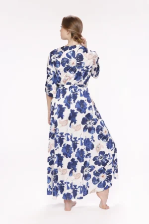 ABITO fantasia di fiori blu con ampio scollo a V ed elegante nastrino in vita