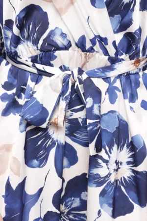 ABITO fantasia di fiori blu con ampio scollo a V ed elegante nastrino in vita
