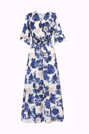 ABITO fantasia di fiori blu con ampio scollo a V ed elegante nastrino in vita