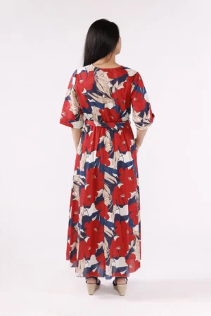 ABITO fantasia di fiori rossi con scollo a V e manica a kimono