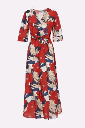 ABITO fantasia di fiori rossi con scollo a V e manica a kimono