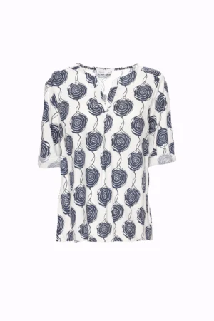 BLUSA fantasia di rose blu con girocollo aperto a V e manica a tre quarti