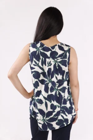 BLUSA smanicata a fantasia di foglie con collo a giro aperto a V