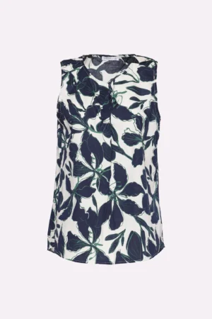 BLUSA smanicata a fantasia di foglie con collo a giro aperto a V