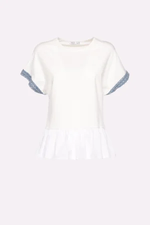 T-SHIRT ampia con orlo a sbuffo collo a giro e orli della manica corta in grazioso tessuto glitterato