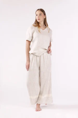 PANTALONE a palazzo a righe con elastico esterno alla vita e particolare nastro ad altezza caviglie ONEWORLD HYBRID