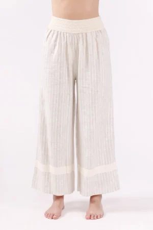 PANTALONE a palazzo a righe con elastico esterno alla vita e particolare nastro ad altezza caviglie