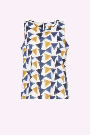 BLUSA a fantasia geometrica smanicata e chiusura posteriore con bottoncino alamaro
