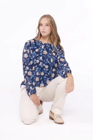 BLUSA a fantasia di fiori con scollo a giro e orli a sbuffo