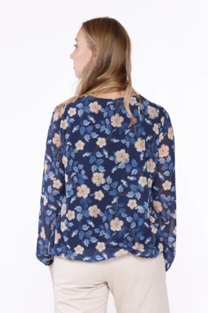 BLUSA a fantasia di fiori con scollo a giro e orli a sbuffo