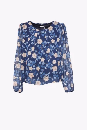 BLUSA a fantasia di fiori con scollo a giro e orli a sbuffo
