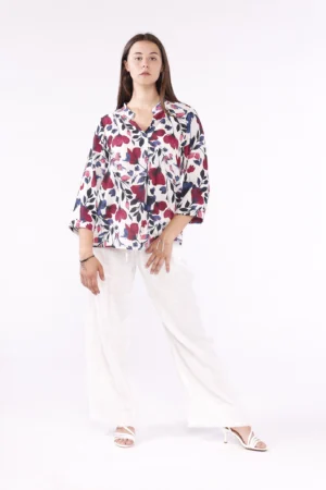BLUSA fantasia di papaveri con colletto alla coreana aperto a v e manica a tre quarti