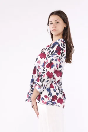 BLUSA fantasia di papaveri con colletto alla coreana aperto a v e manica a tre quarti