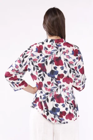 BLUSA fantasia di papaveri con colletto alla coreana aperto a v e manica a tre quarti