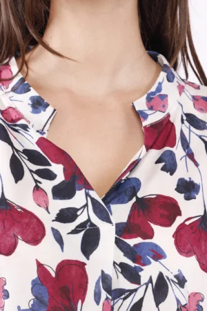 BLUSA fantasia di papaveri con colletto alla coreana aperto a v e manica a tre quarti