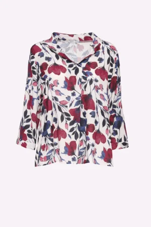 BLUSA fantasia di papaveri con colletto alla coreana aperto a v e manica a tre quarti