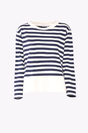 BLUSA a righe di tendenza con bordo monocolore alto e spacchetti laterali