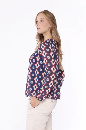 BLUSA a girocollo con fantasia geometrica e orli a sbuffo