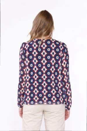 BLUSA a girocollo con fantasia geometrica e orli a sbuffo