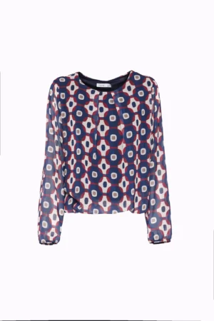 BLUSA a girocollo con fantasia geometrica e orli a sbuffo