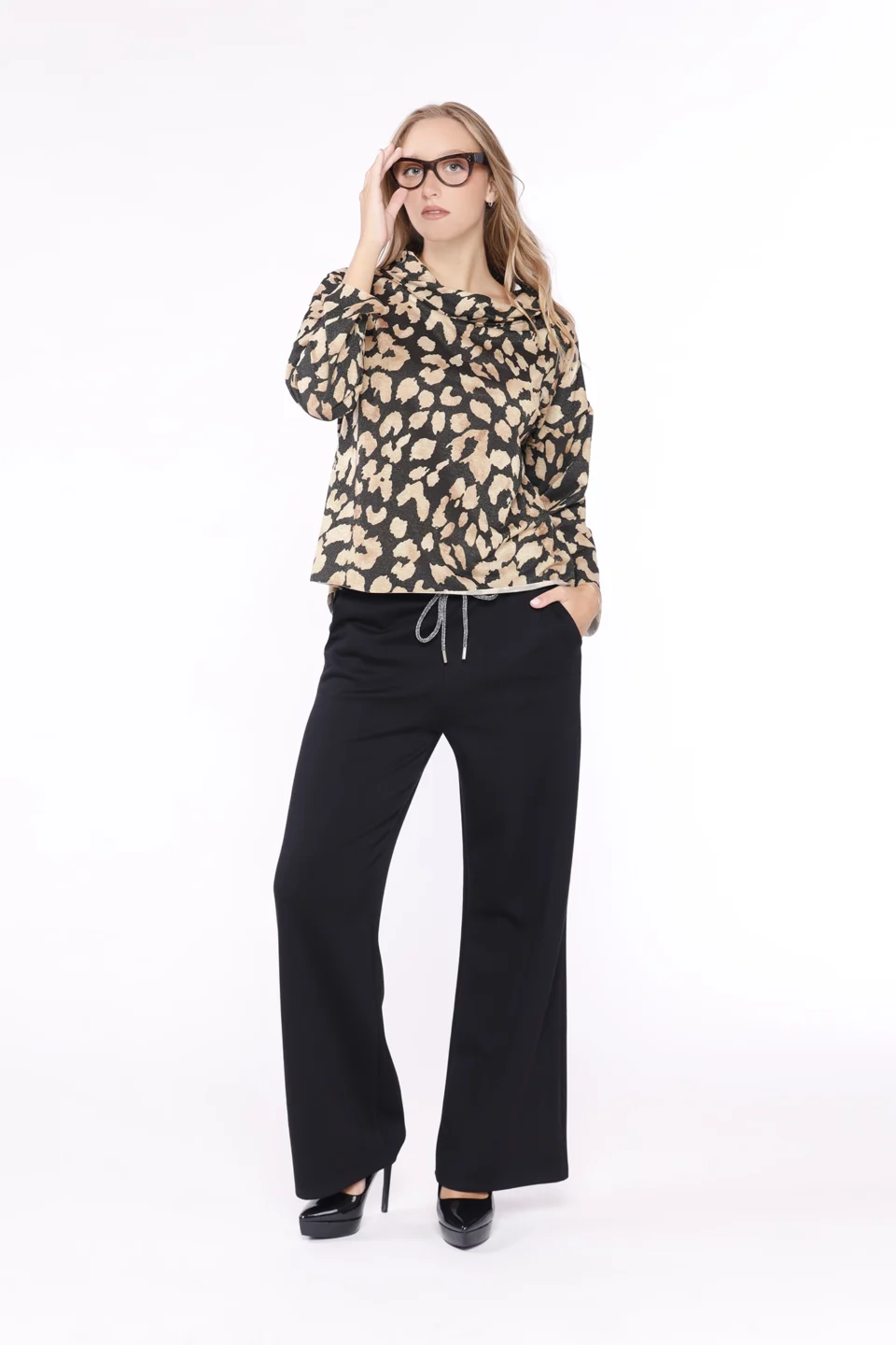 BLUSA Girocollo con risvolti e motivo leopardato ONEWORLD HYBRID