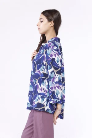 BLUSA fantasia di fiori con colletto alla coreana aperto a V e manica a kimono