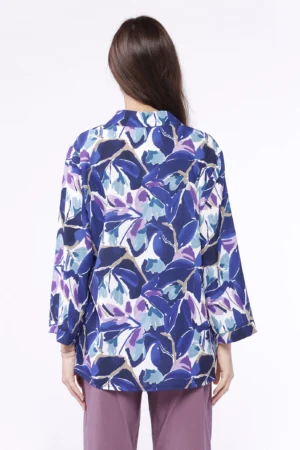 BLUSA fantasia di fiori con colletto alla coreana aperto a V e manica a kimono
