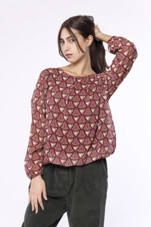BLUSA fantasia geometrica di fiori con scollo a giro e orli a sbuffo