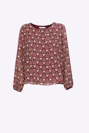 BLUSA fantasia geometrica di fiori con scollo a giro e orli a sbuffo