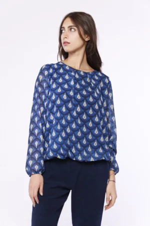 BLUSA stampa fantasia di fiori con scollo a giro e orli a sbuffo