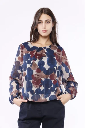 BLUSA fantasia a pois con scollo a giro e orli a sbuffo