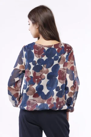 BLUSA fantasia a pois con scollo a giro e orli a sbuffo