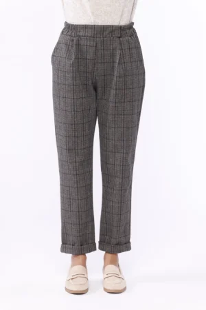 PANTALONE classico con risvolti alle caviglie trama scozia e comodo elastico di chiusura