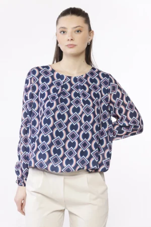 BLUSA fantasia geometrica con orli a sbuffo e scollo a giro