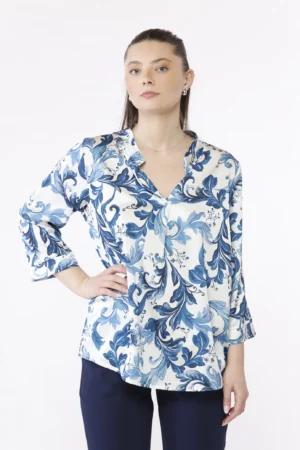 BLUSA stampa fantasia di fiori con colletto alla coreana aperto a V e manica a tre quarti